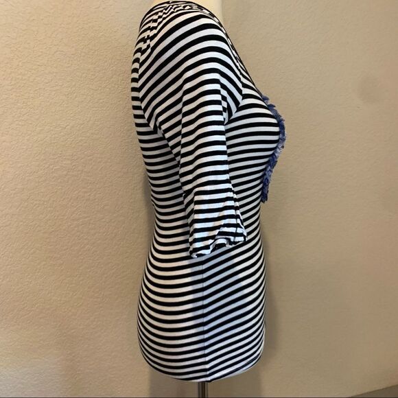 Anthropologie Little Yellow Button Striped Mixed Media Top S Plaid Puff Sleeve - Picture 5 of 8